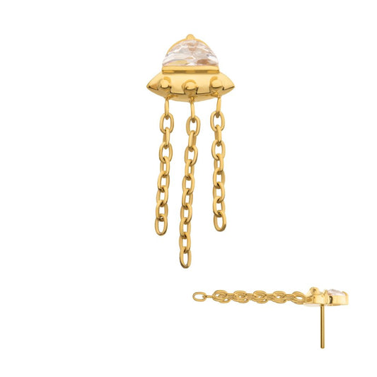 24KT Gold PVD Titanium Threadless 3D UFO Gem Top with Small Triple Chain Dangle