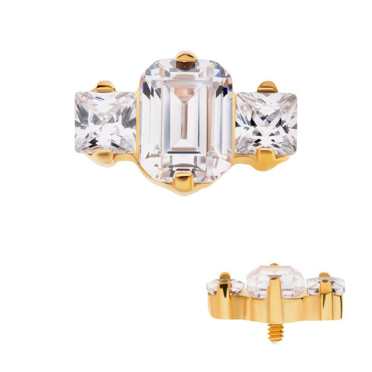 24Kt Gold PVD Titanium Internally Threaded Prong Set Emerald Cut & Princess Gem 3-Cluster Top