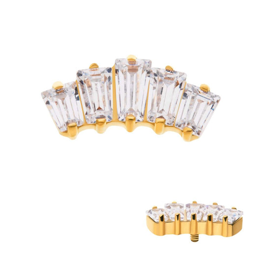 24Kt Gold PVD Titanium Internally Threaded Prong Set Baguette CZ 5-Cluster Top