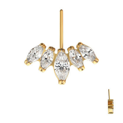 24Kt Gold PVD Titanium Threadless Vertical Helix V-Prong Marquise Fan 5-Cluster Top
