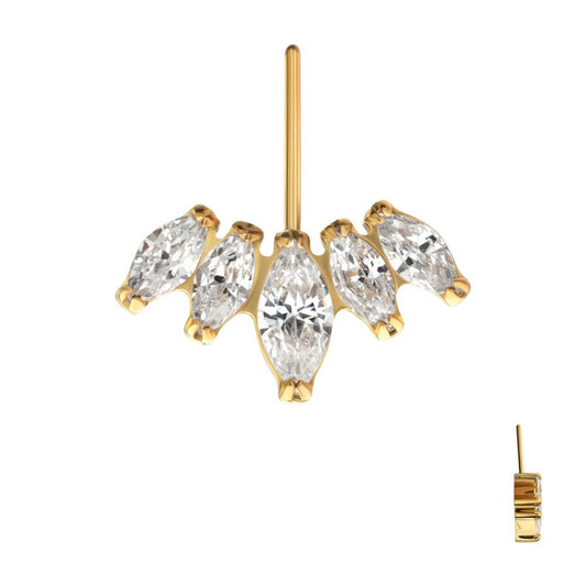 24Kt Gold PVD Titanium Threadless Vertical Helix V-Prong Marquise Fan 5-Cluster Top