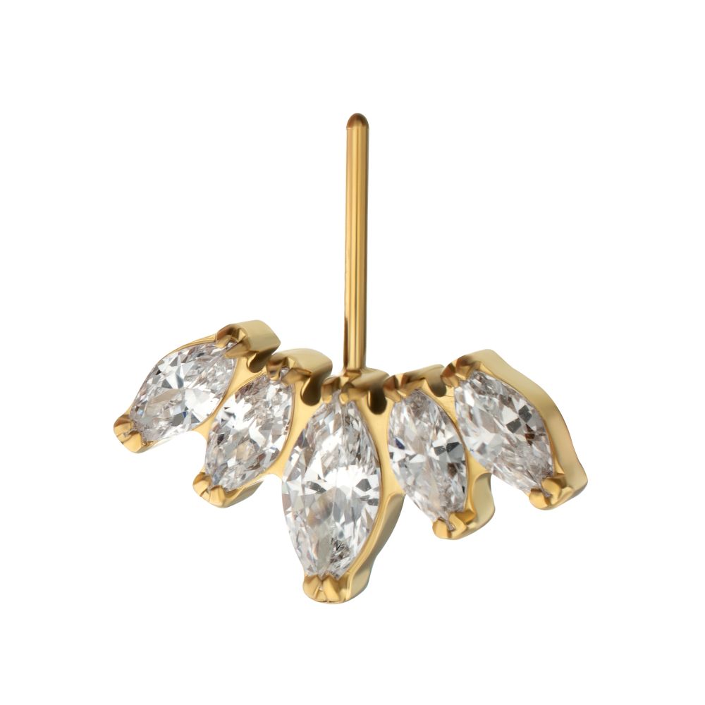 24Kt Gold PVD Titanium Threadless Vertical Helix V-Prong Marquise Fan 5-Cluster Top