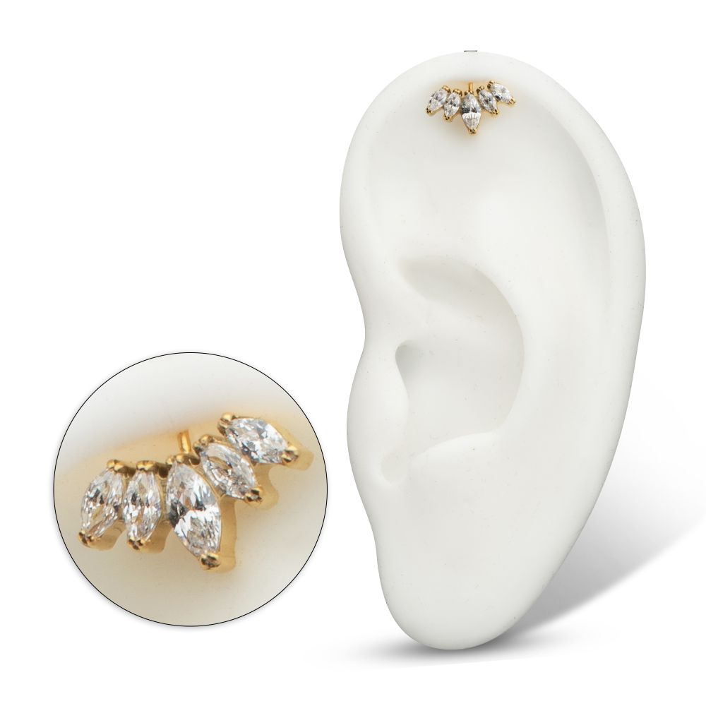 24Kt Gold PVD Titanium Threadless Vertical Helix V-Prong Marquise Fan 5-Cluster Top