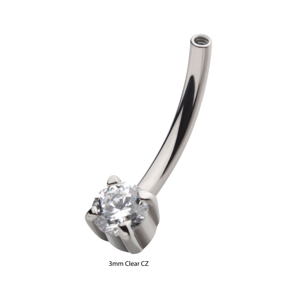 Titanium Internally Threaded with Prong Set CZ Fixed Bottom Curved Barbell