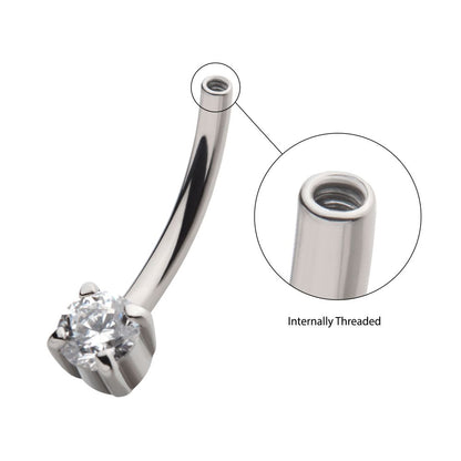 Titanium Internally Threaded with Prong Set CZ Fixed Bottom Curved Barbell