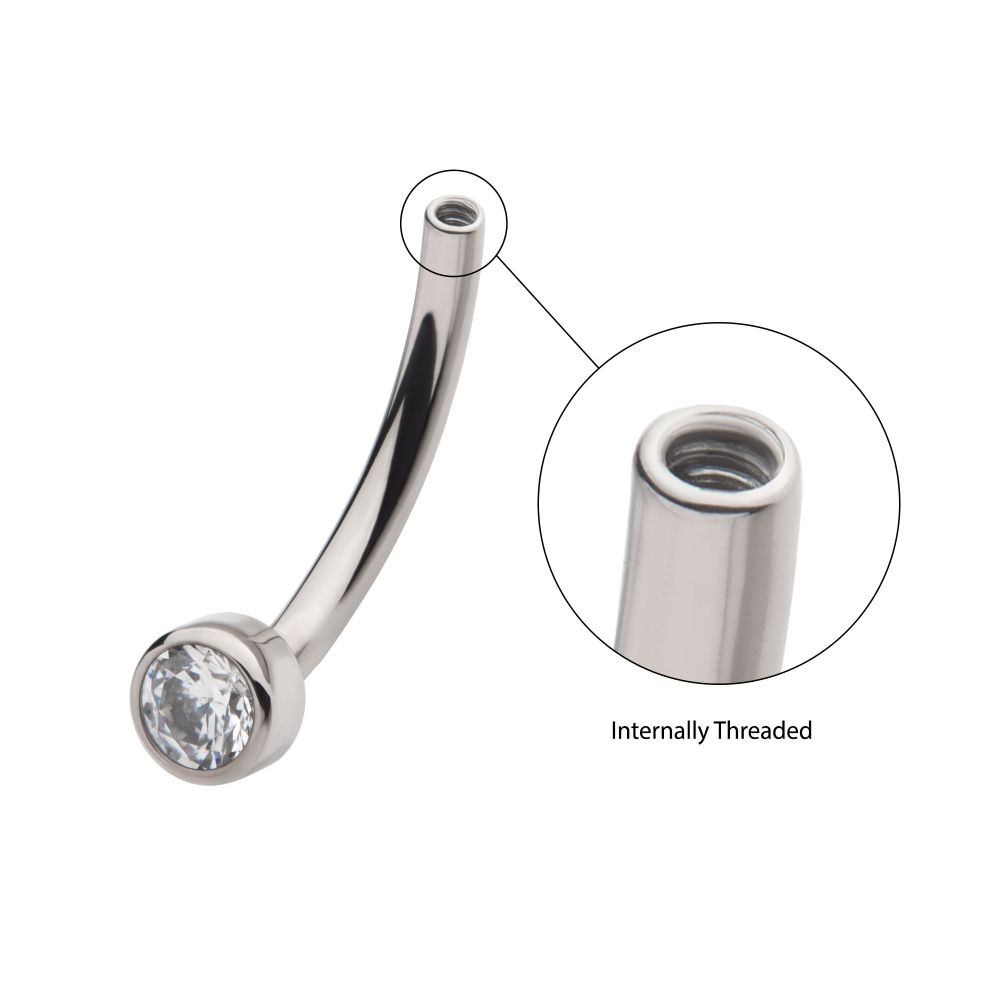 Titanium Internally Threaded with Bezel Set CZ Fixed Disc Curved Barbell
