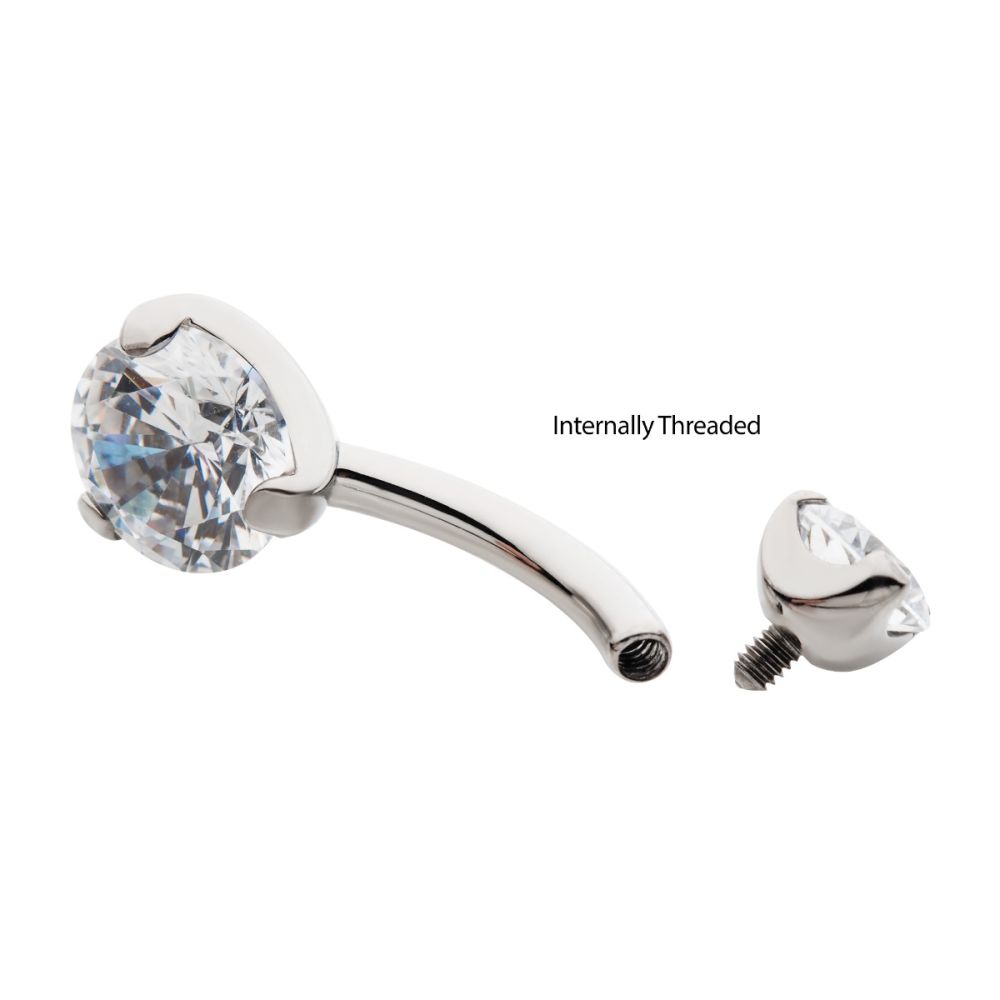 Titanium Internally Threaded with Prong Set Round AAA CZ Fixed Navel