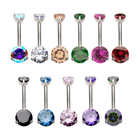 Titanium Internally Threaded Double 3-Prong Round Gem Fixed Bottom Navel