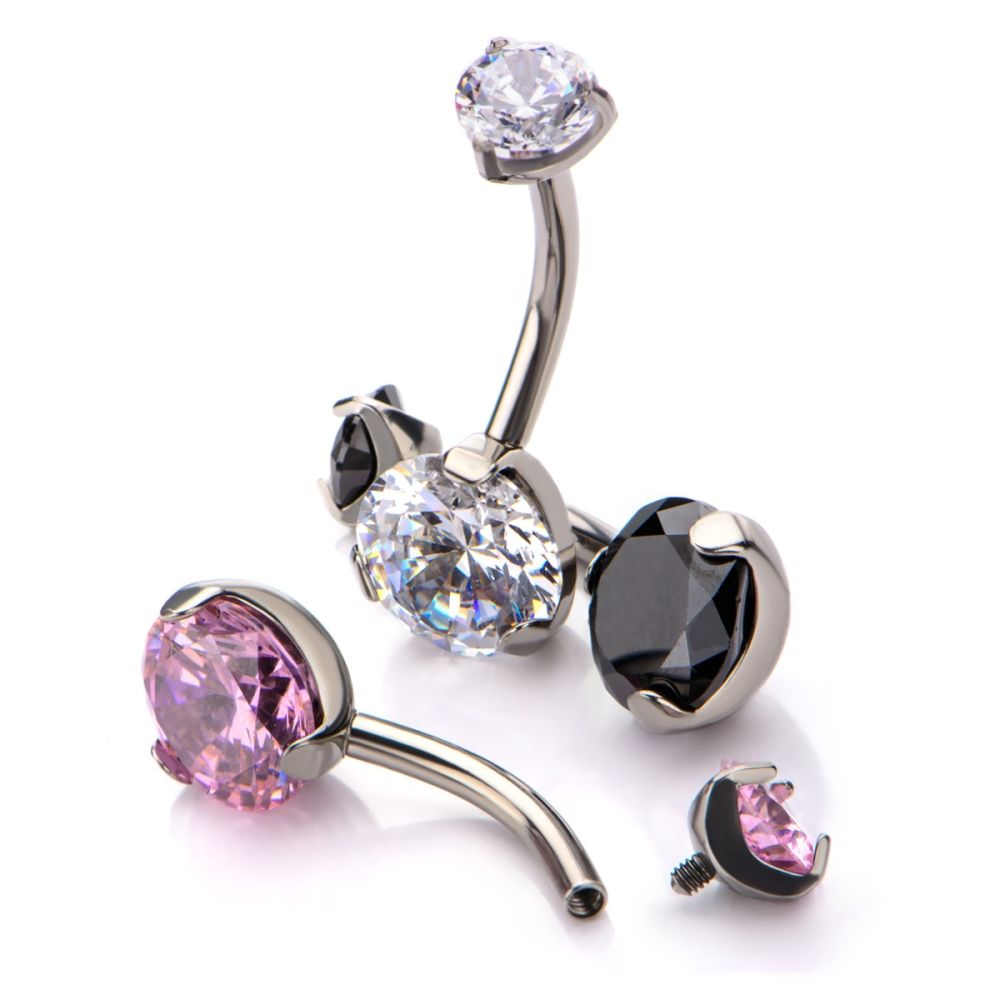 Titanium Internally Threaded Double 3-Prong Round Gem Fixed Bottom Navel