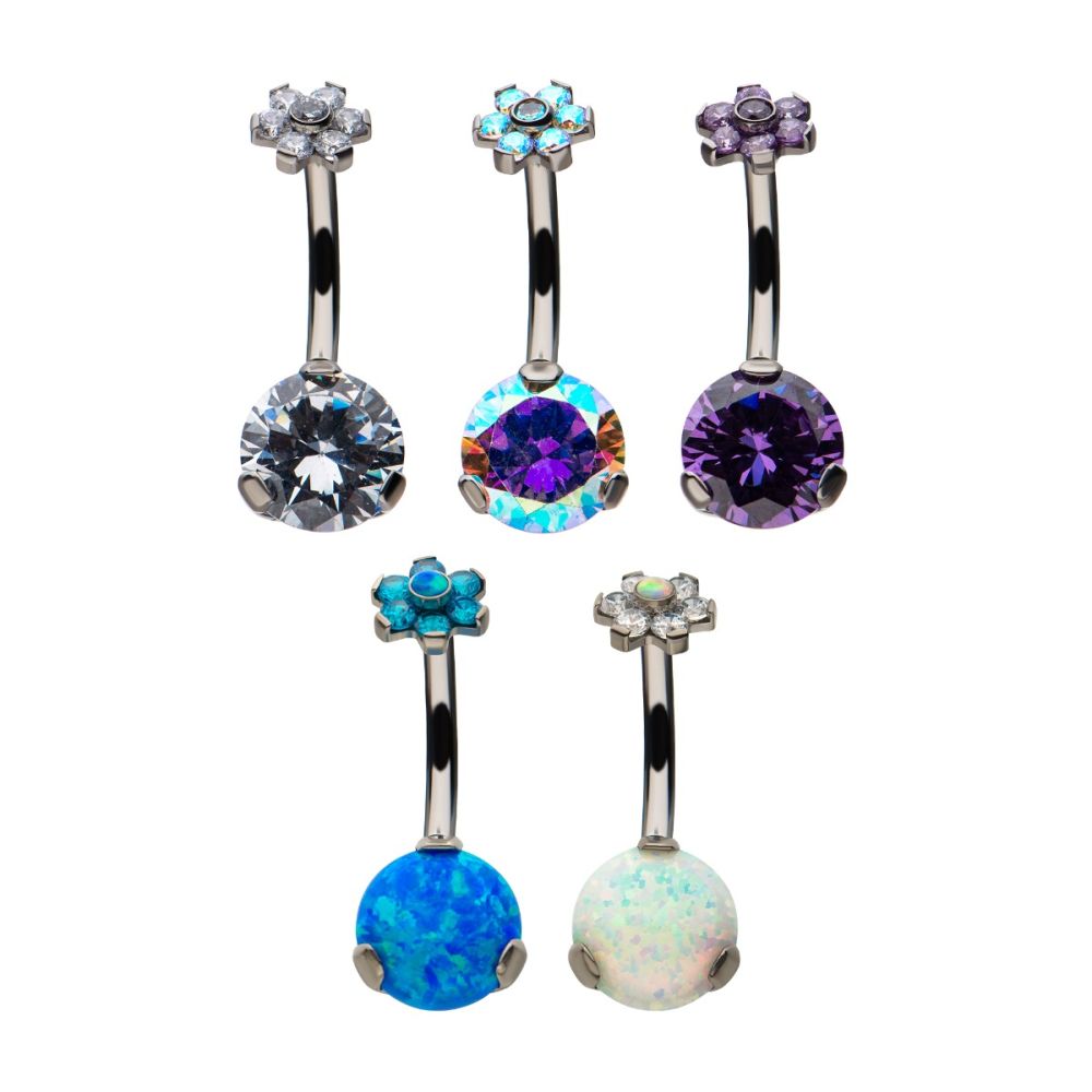 Titanium Internally Threaded with Prong Set AAA CZ & Synthetic Opal Flower Top and Round Bottom Fixed Navel