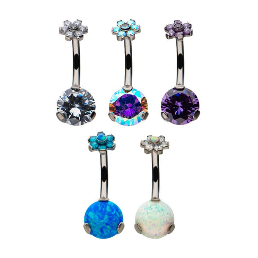 Titanium Internally Threaded with Prong Set AAA CZ & Synthetic Opal Flower Top and Round Bottom Fixed Navel