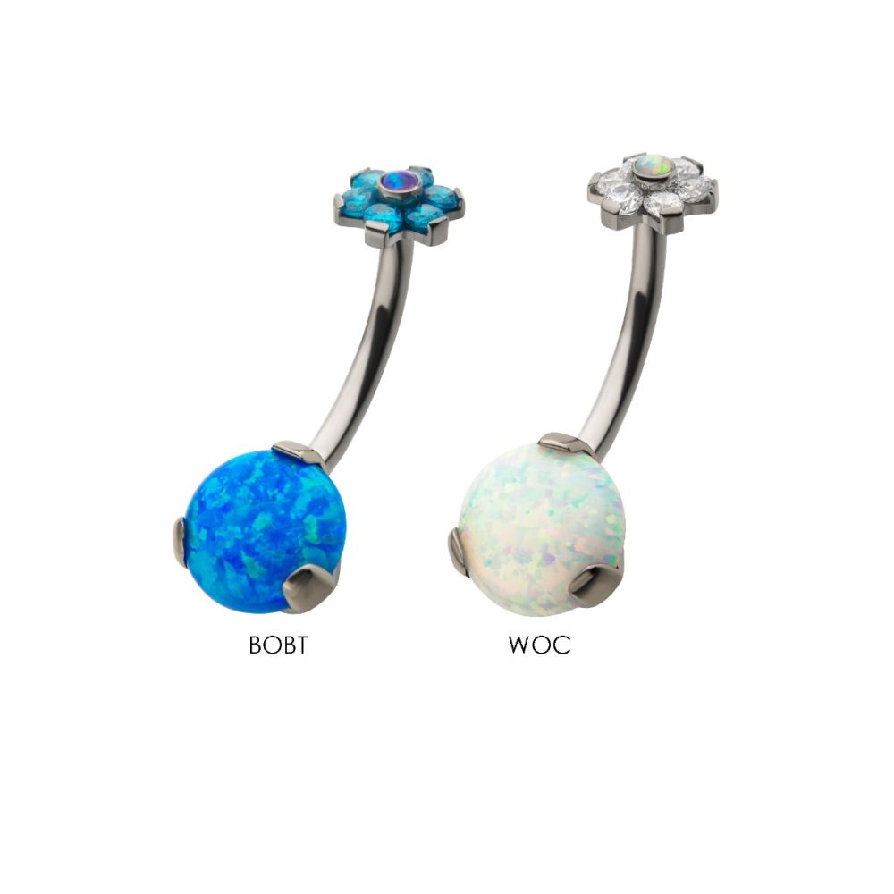Titanium Internally Threaded with Prong Set AAA CZ & Synthetic Opal Flower Top and Round Bottom Fixed Navel
