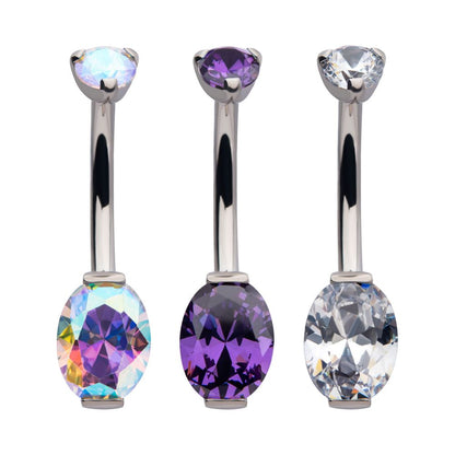 Titanium Internally Threaded Double Gem with Prong Set Oval Fixed Bottom Navel