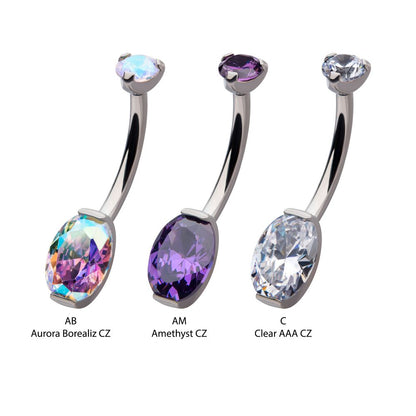 Titanium Internally Threaded Double Gem with Prong Set Oval Fixed Bottom Navel