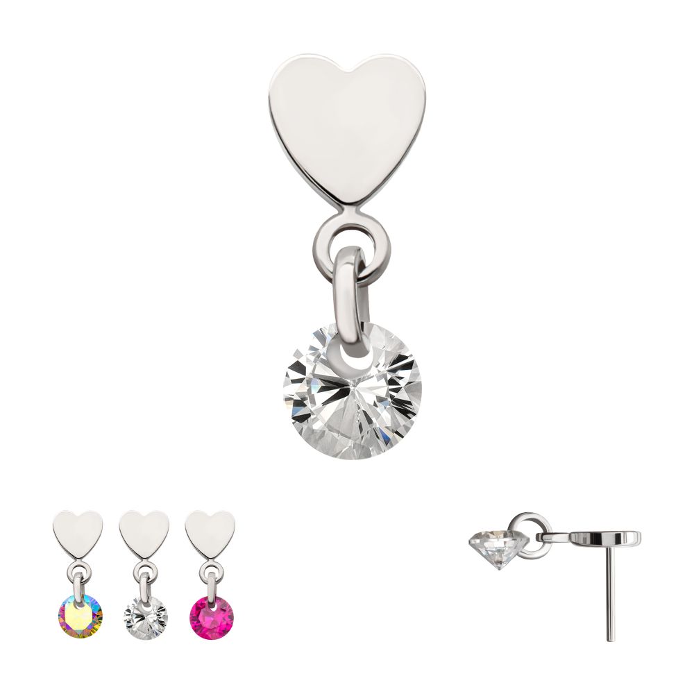 Platinum PVD Titanium Threadless Flat Heart Top with Floating CZ Gem Dangle