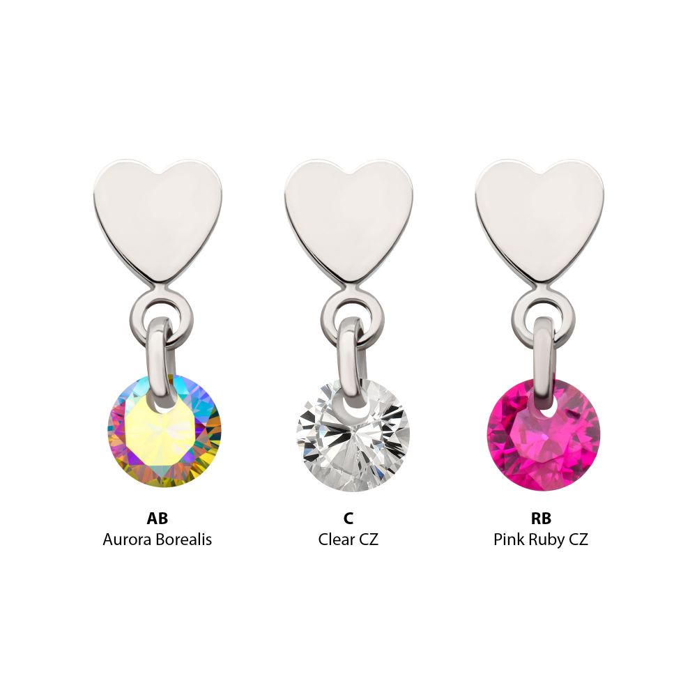 Platinum PVD Titanium Threadless Flat Heart Top with Floating CZ Gem Dangle