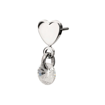 Platinum PVD Titanium Threadless Flat Heart Top with Floating CZ Gem Dangle