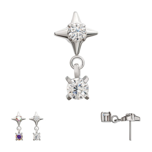 Platinum PVD Titanium Threadless Celestial Star Top with Prong Set CZ Gem Dangle