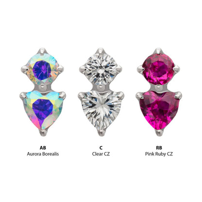 Platinum PVD Titanium Threadless Prong Set Round & Heart Gem Top