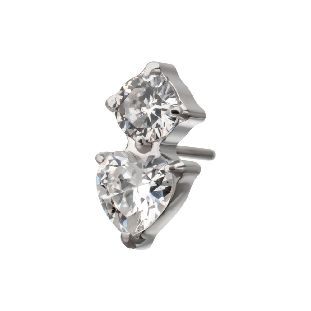 Platinum PVD Titanium Threadless Prong Set Round & Heart Gem Top