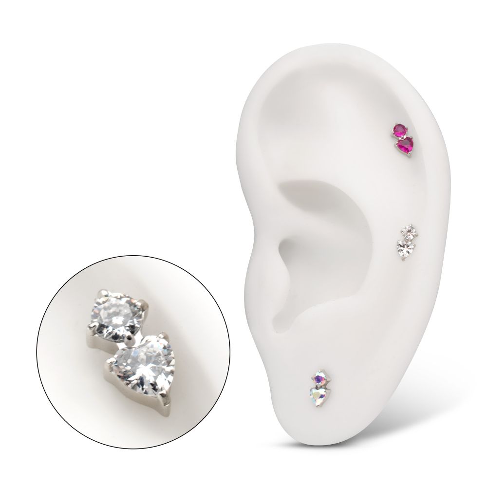 Platinum PVD Titanium Threadless Prong Set Round & Heart Gem Top