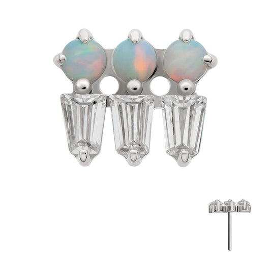 Platinum PVD Titanium Threadless Triple Cluster Top with Prong Set Round Opal & Baguette CZ Gem