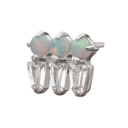 Platinum PVD Titanium Threadless Triple Cluster Top with Prong Set Round Opal & Baguette CZ Gem