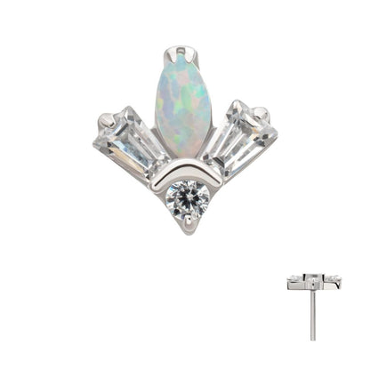 Platinum PVD Titanium Threadless Triple Cluster Top with Prong Set Round Opal & Baguette CZ Gem