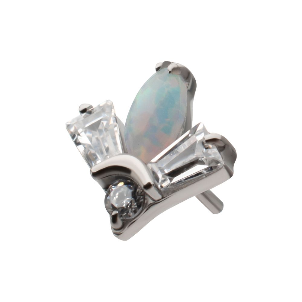 Platinum PVD Titanium Threadless Triple Cluster Top with Prong Set Round Opal & Baguette CZ Gem