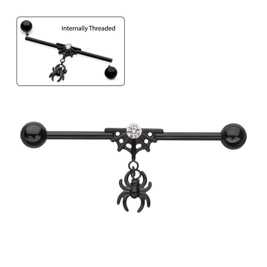 Black PVD Titanium Internally Threaded Gem Spiderweb with Spider Dangle & Ball End Industrial Barbell