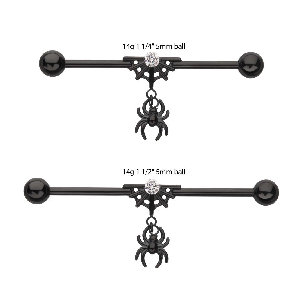 Black PVD Titanium Internally Threaded Gem Spiderweb with Spider Dangle & Ball End Industrial Barbell
