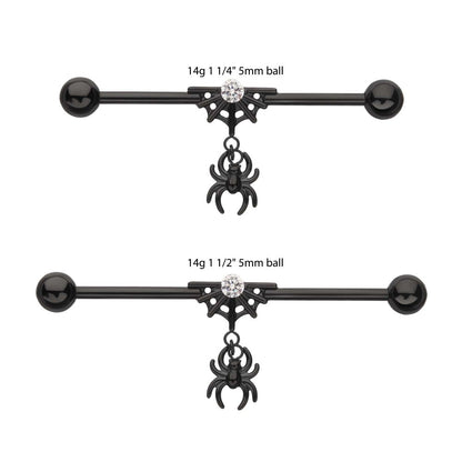 Black PVD Titanium Internally Threaded Gem Spiderweb with Spider Dangle & Ball End Industrial Barbell