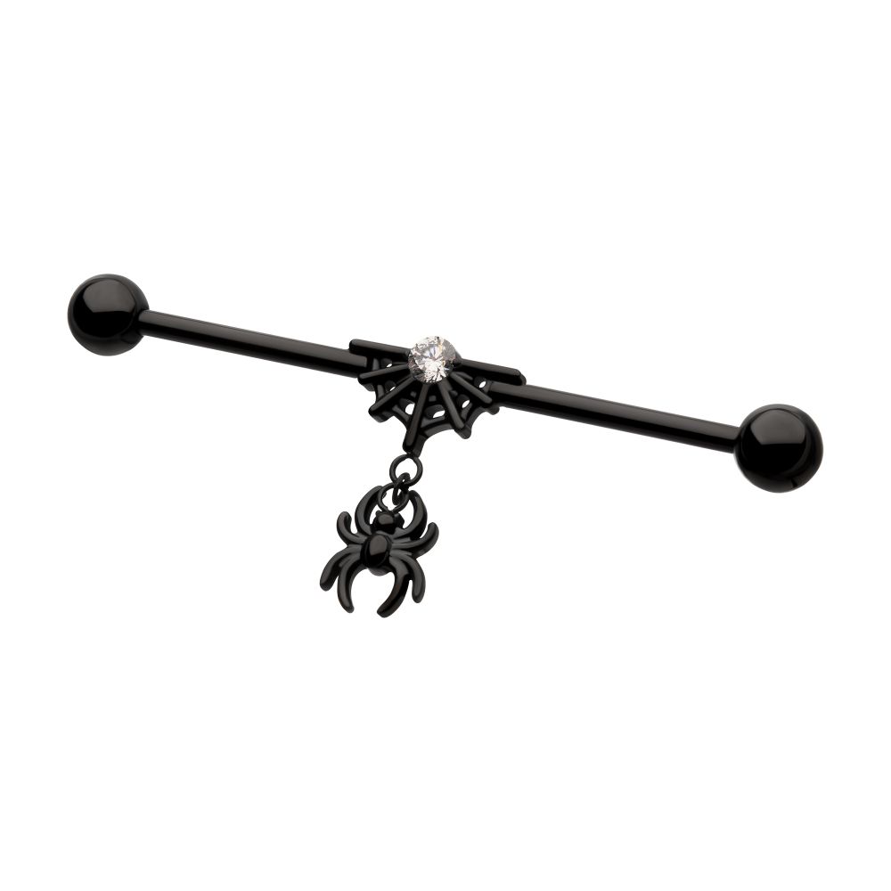Black PVD Titanium Internally Threaded Gem Spiderweb with Spider Dangle & Ball End Industrial Barbell