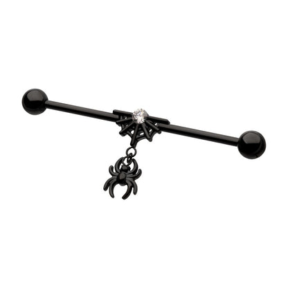 Black PVD Titanium Internally Threaded Gem Spiderweb with Spider Dangle & Ball End Industrial Barbell