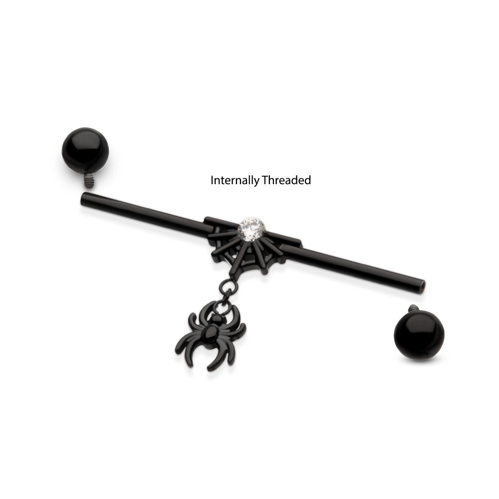 Black PVD Titanium Internally Threaded Gem Spiderweb with Spider Dangle & Ball End Industrial Barbell
