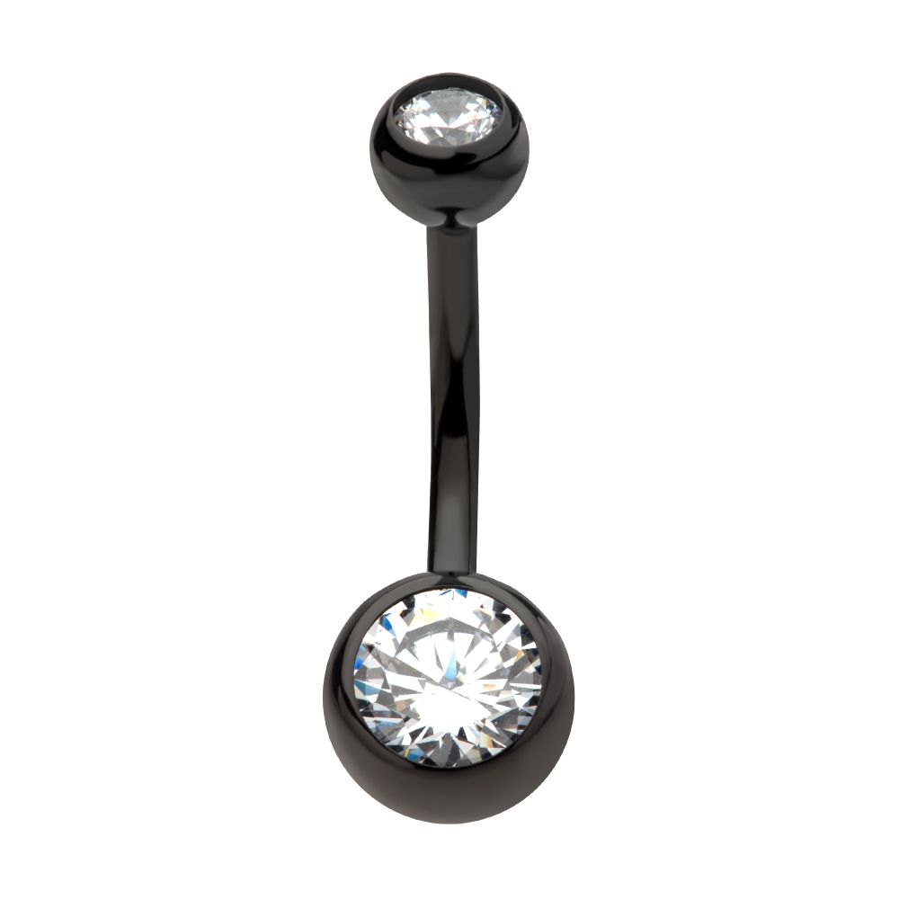 Black PVD Titanium Internally Threaded Bezel Set Double CZ Fixed Bottom Navel Ring