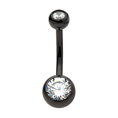Black PVD Titanium Internally Threaded Bezel Set Double CZ Fixed Bottom Navel Ring