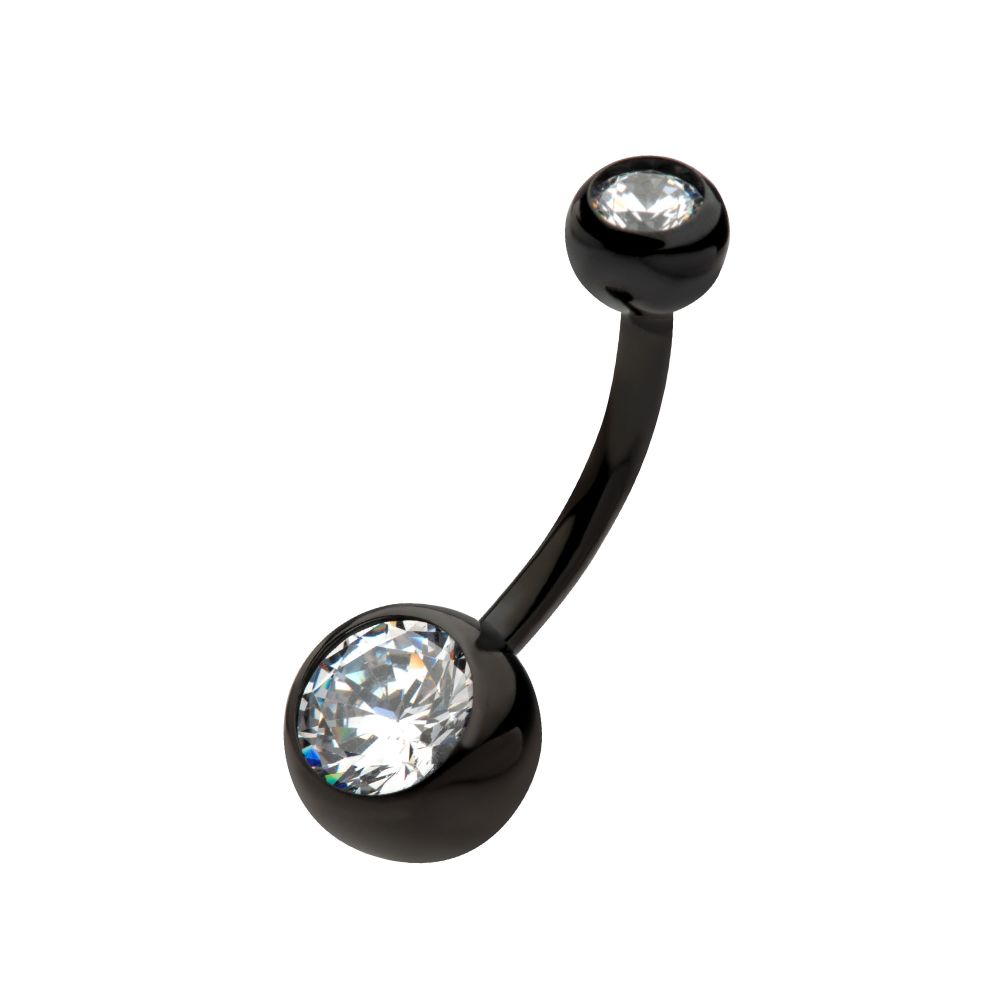 Black PVD Titanium Internally Threaded Bezel Set Double CZ Fixed Bottom Navel Ring
