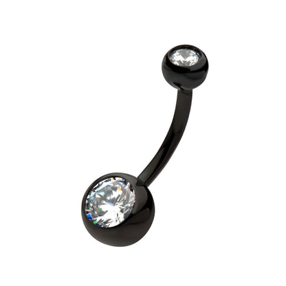 Black PVD Titanium Internally Threaded Bezel Set Double CZ Fixed Bottom Navel Ring
