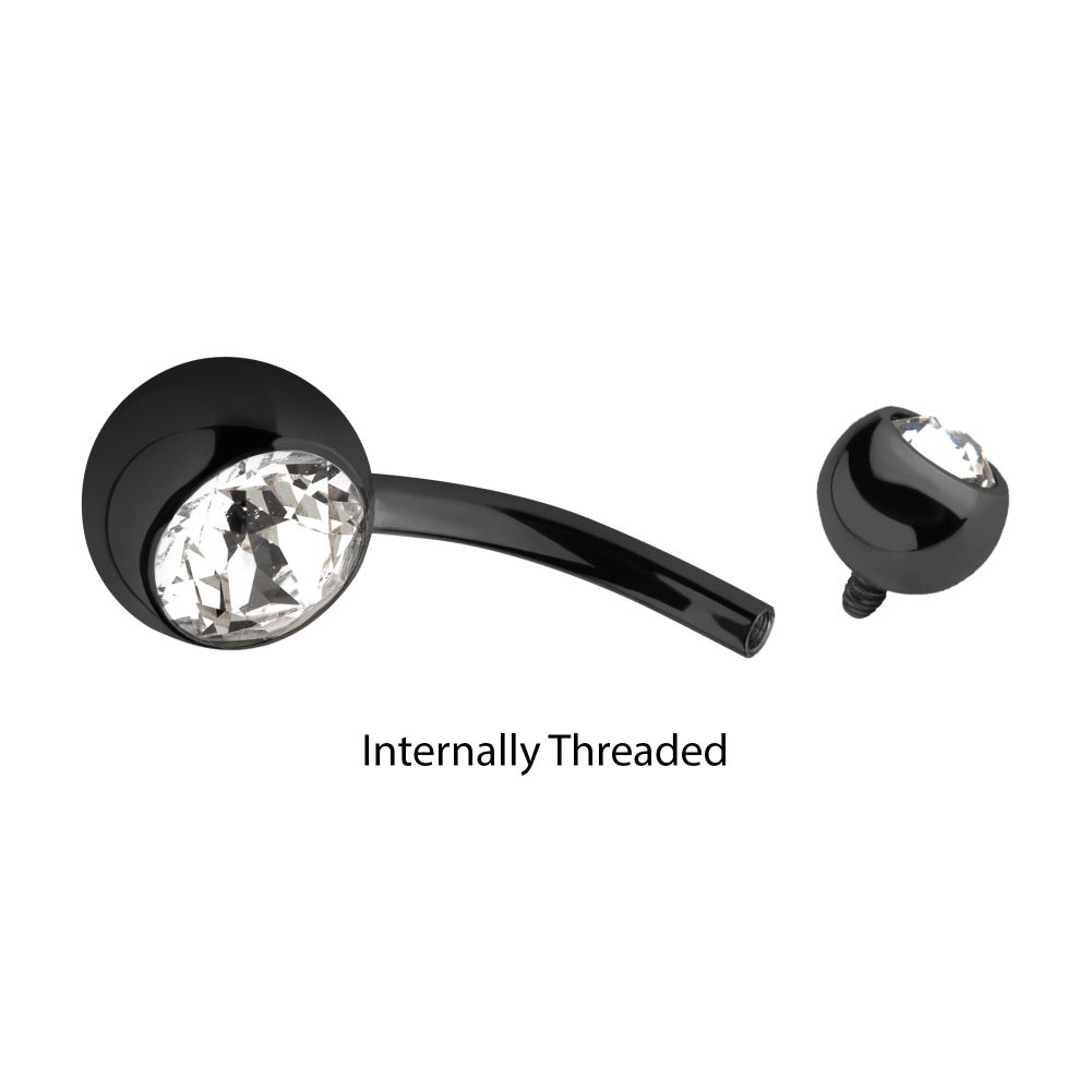 Black PVD Titanium Internally Threaded Bezel Set Double CZ Fixed Bottom Navel Ring