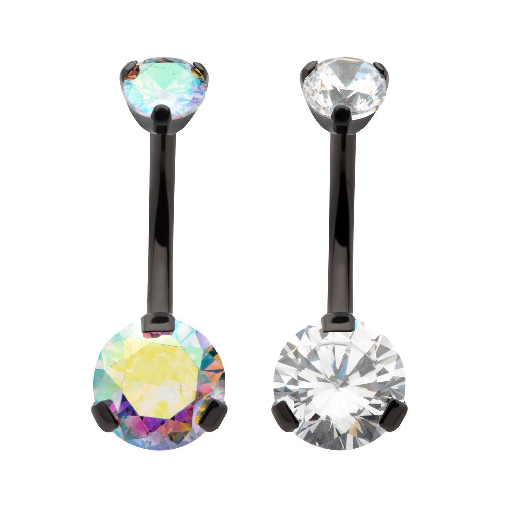 Black PVD Titanium Internally Threaded Prong Set Double CZ Fixed Bottom Navel Ring