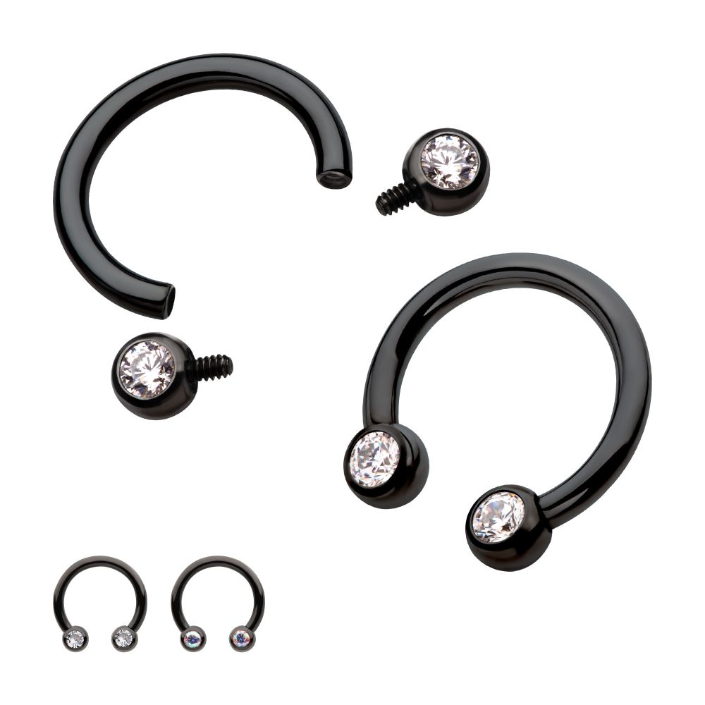 Black PVD Titanium Internally Threaded Forward Facing Bezel Set Round Gem Circular Barbell