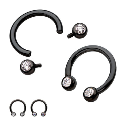 Black PVD Titanium Internally Threaded Forward Facing Bezel Set Round Gem Circular Barbell