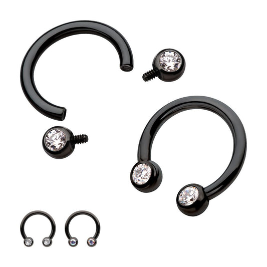 Black PVD Titanium Internally Threaded Forward Facing Bezel Set Round Gem Circular Barbell