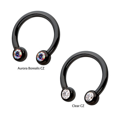 Black PVD Titanium Internally Threaded Forward Facing Bezel Set Round Gem Circular Barbell