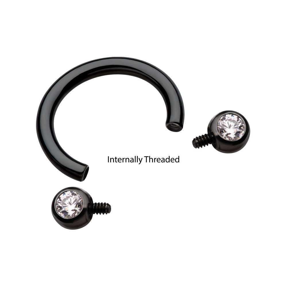 Black PVD Titanium Internally Threaded Forward Facing Bezel Set Round Gem Circular Barbell