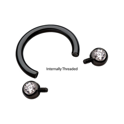 Black PVD Titanium Internally Threaded Forward Facing Bezel Set Round Gem Circular Barbell