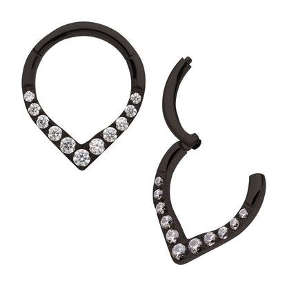Black PVD Titanium CNC Set Gem Front Facing Teardrop Shape Hinged Segment Clicker
