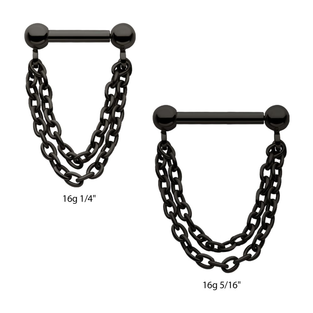 Black PVD Titanium 2 Tier Chains on a One Side Threadless, One Side Fixed Bar with Ball ends