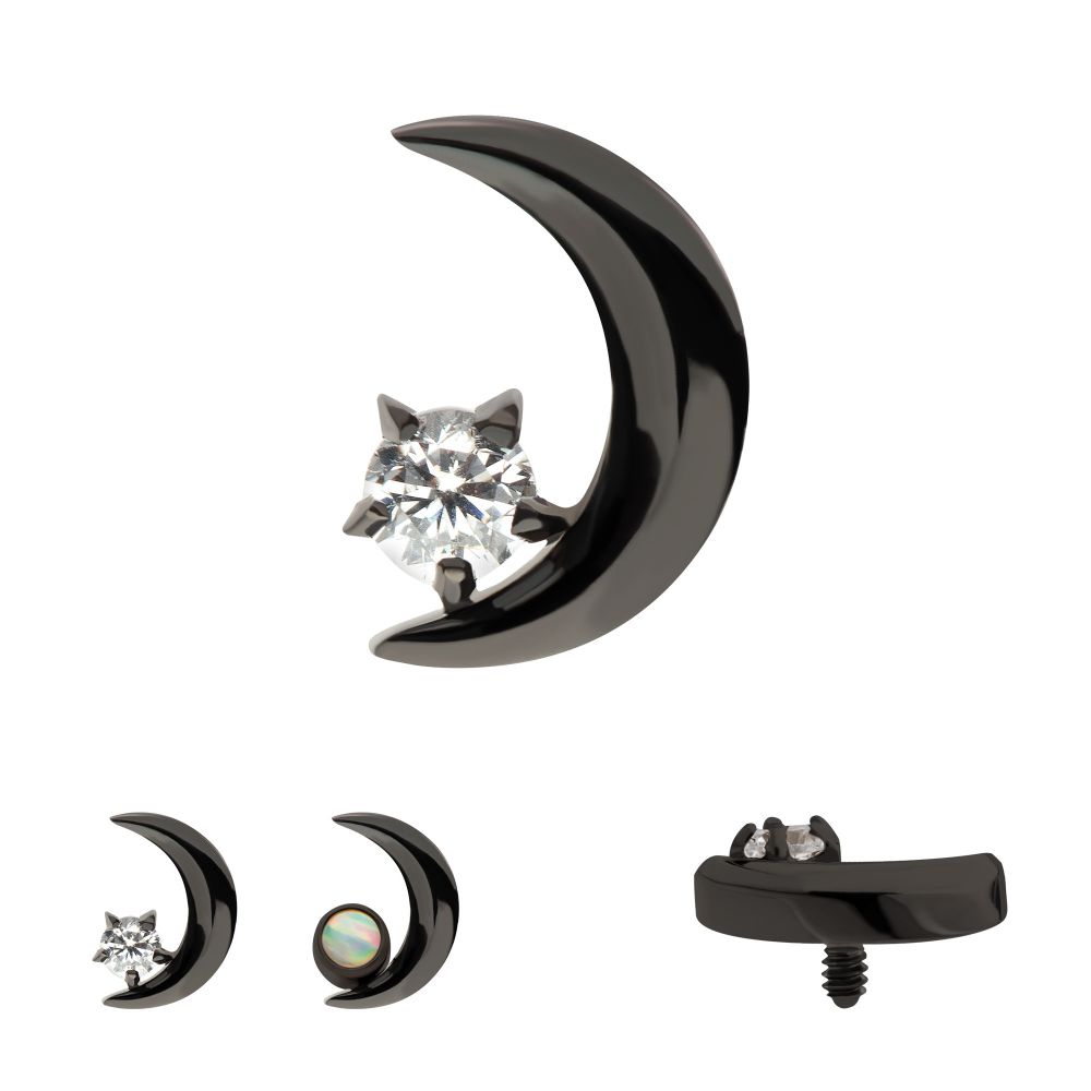 Black PVD Titanium Internally Threaded Crescent Moon with CZ/Opal Top